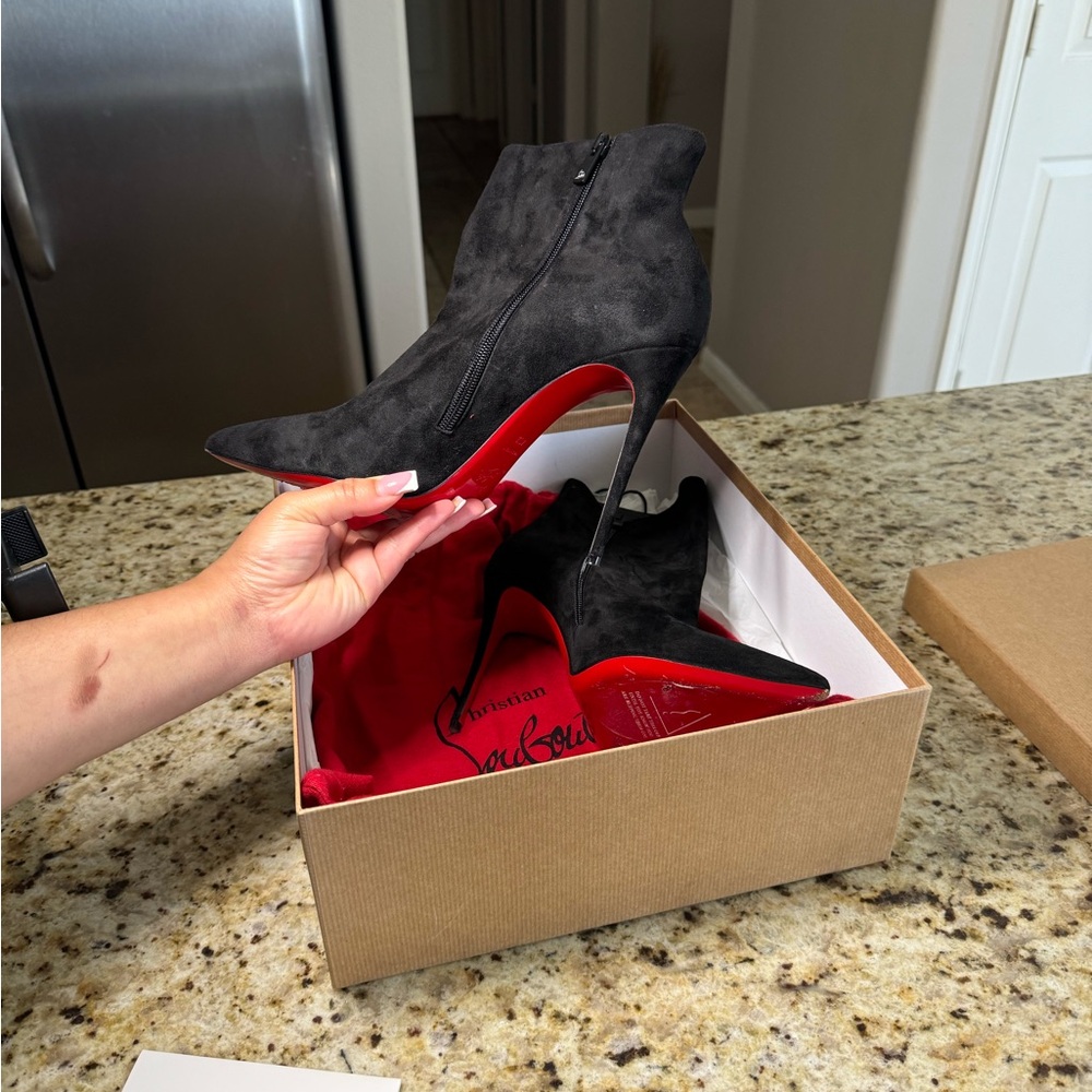 Christian Louboutin Black Suede Heeled Boots with Red Soles